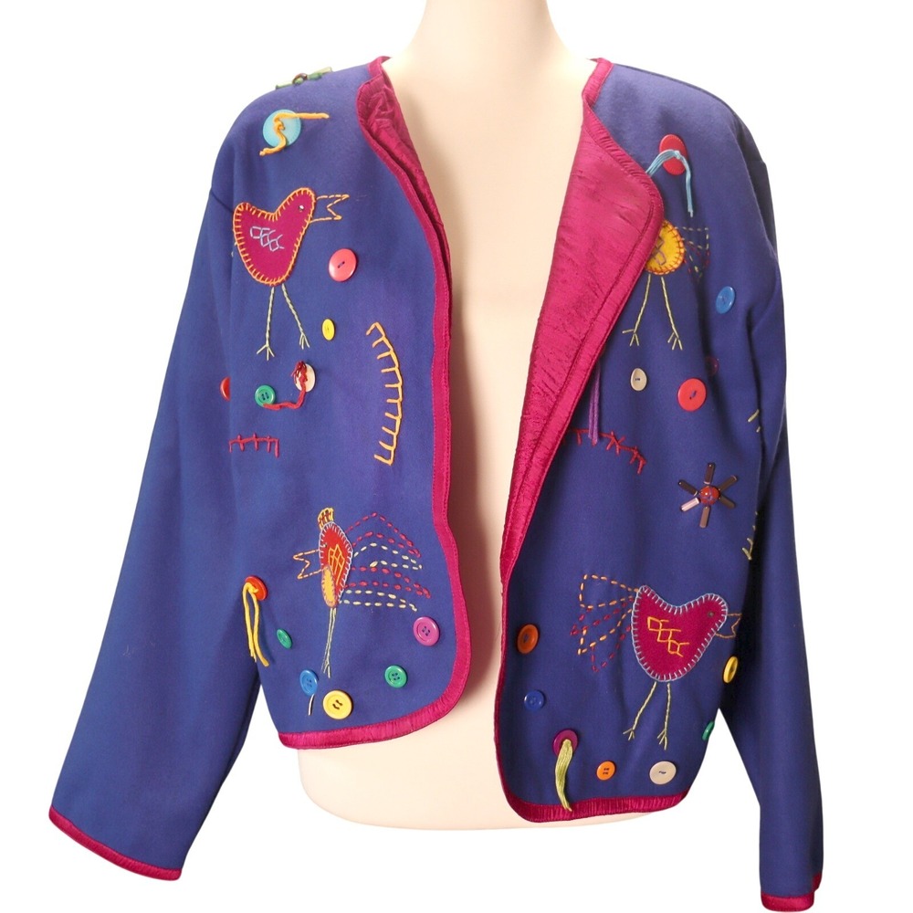 Yak Magik Embroidered Bird Jacket casual fall Blue Art to Wear Button Applique